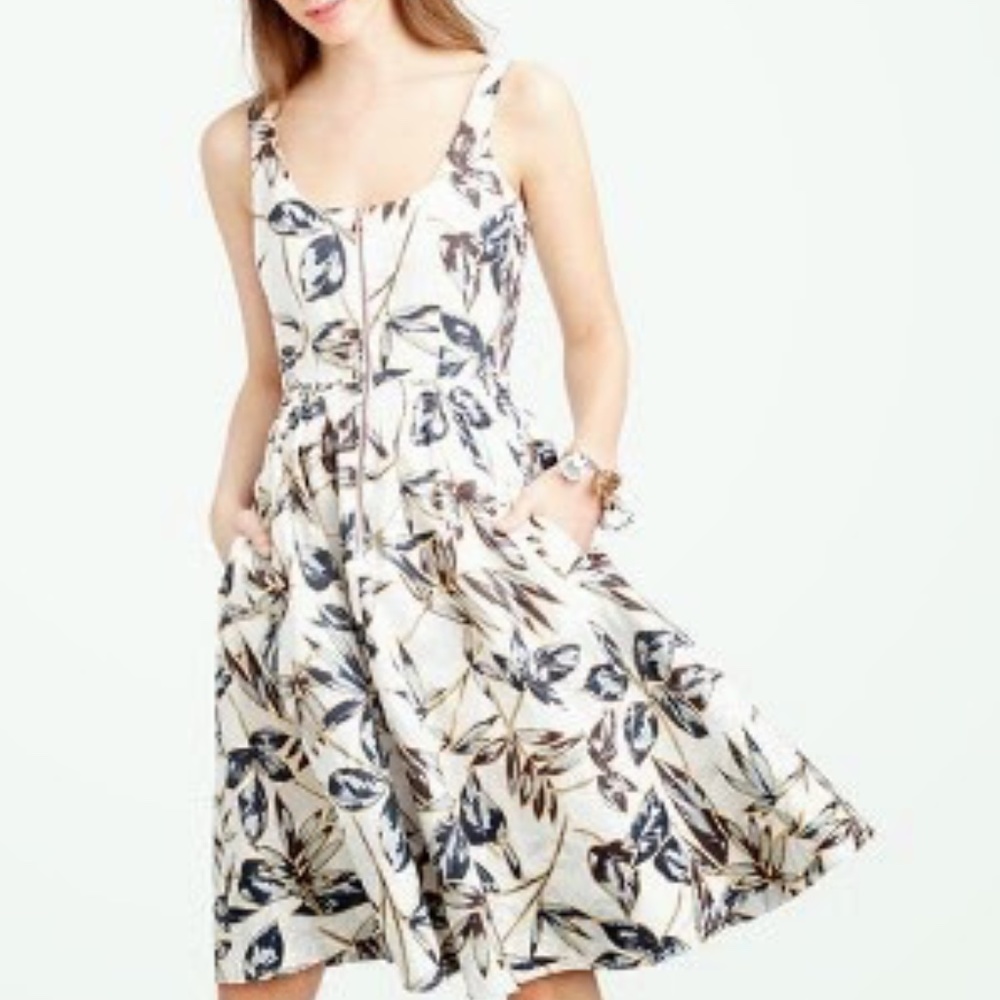 J-Crew Linen Zip Front tropical Leaf Dress